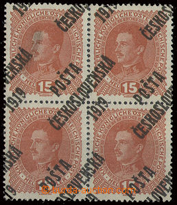 24399 -  15h Karel ve 4-bloku s velkým posunem přetisku mimo zn., 