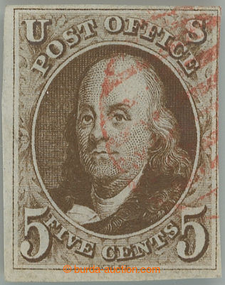 244334 - 1847 Sc.1, Franklin 5C s červeným grid razítkem, vpravo t