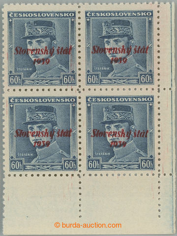 245765 - 1939 Sy.11, Štefánik 60h blue, LR corner blk-of-4, overpri