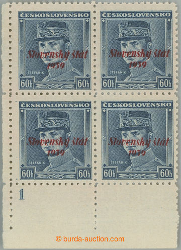 245767 - 1939 Sy.11, Štefánik 60h blue, LL corner blk-of-4 with pla