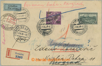 246250 - 1928 TRENČÍN - PRAHA - BEOGRAD, R+Let-dopis zaslaný z Tre