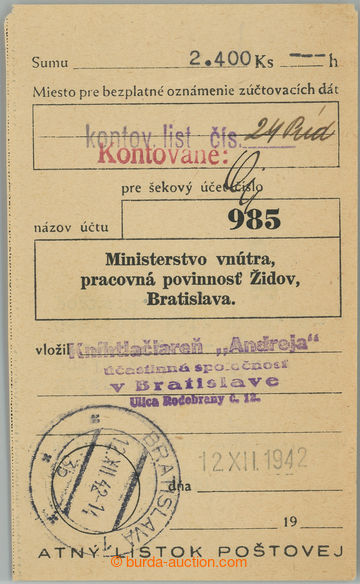 247183 - 1942 PRACOVNÍ POVINNOST ŽIDŮ / ústřižek složenky na 