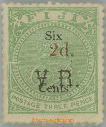 247917 - 1875 SG.22, Znak 3P zelená s přetiskem SIX CENTS a 2P V.R.