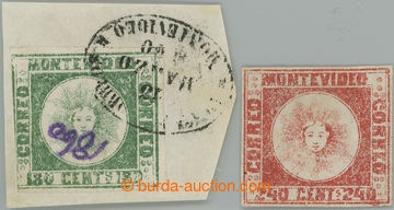 247951 - 1858 Mi.6a, 7b, Sol de Mayo issue MONTEVIDEO 180Cts green on