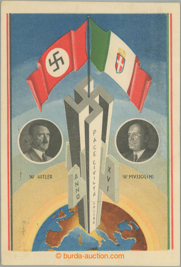 248026 - 1938 HITLER + MUSSOLINI / italská vícebarevná pohlednice,