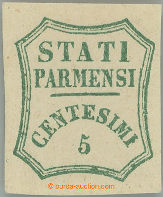 250304 - 1859 Sass.12, Stati Parmensi 5C verde azzurro; VF, with full