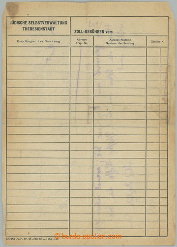 250947 - 1943 GHETTO TEREZÍN / zpráva o došlých zásilkách s poz