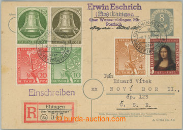 252451 - 1952 FRG / Mi.P11, PC Horn 8Pf grey, sent as Reg to Czechosl