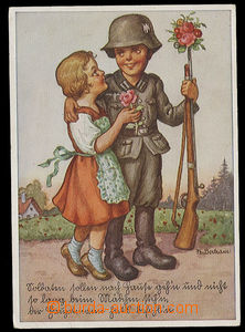 25278 - 1940 děti, chlapec ve vojenské uniformě, barevná kreslen