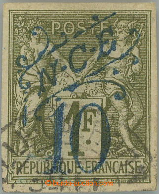 253444 - 1892 Yv.35, overprint Allegory 10c/1F olive, blue Opt, fragm