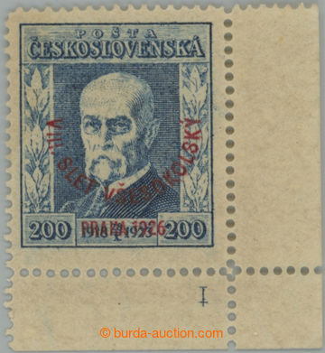 253507 - 1926 Pof.185 DČ, Slet 200h modrá, pravý dolní rohový ku