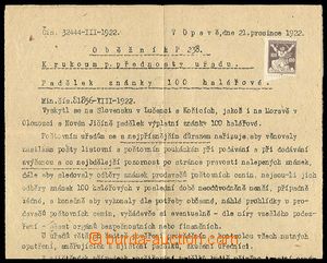 25419 - 1922 poštovní oběžník s přilepeným falzem zn. 100h, f