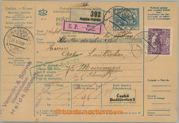 256578 - 1921 CPP13, whole international parcel card on/for mailing t