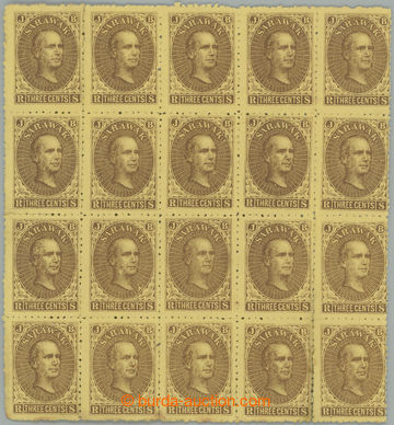 256731 - 1869 SG.1, Brooke 3C yellow / brown, block-of-20, pos. 61-95