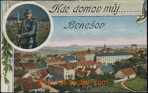 25767 - 1916 BENEŠOV - koláž, celkový záběr + voják s nápise