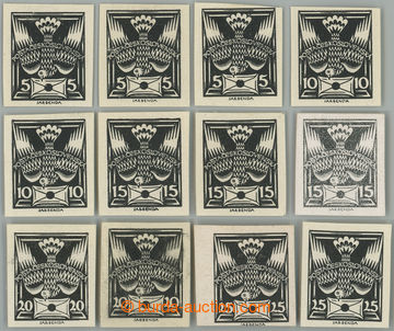 258329 -  PLATE PROOF  comp. 12 pcs of black-prints values 5h - 25h o