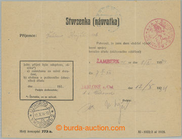 258597 - 1934 fiskální formulář Stvrzenka (návratka) s červený