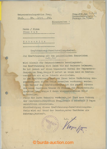 259248 - 1942 formulář Wehrersatz-Inspektion Prag zaslaný jako R-t