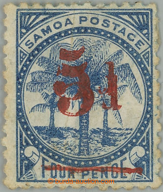 260410 - 1893 SG.70var, Palms 4P blue with DOUBLE red overprint 5P; l