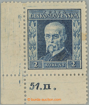 261180 - 1925 Pof.191B DČ, Rytina 2Kč modrá, levý dolní rohový 