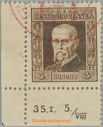 261182 - 1925 Pof.192B DČ, Rytina 3Kč hnědá, levý dolní rohový