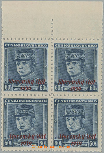 261192 - 1939 Sy.11, Štefánik 60h blue, block of four with upper ma