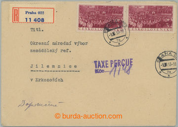 261377 - 1953 POŠTOVNÉ DOPLACENO V HOTOVOSTI / Reg letter franked s