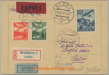 261964 - 1943 Reg and Express air-mail card to Prešov and redirected