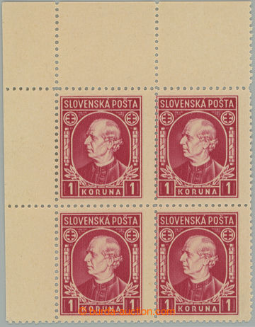 262241 - 1939 Sy.30YA, Hlinka 1Ks red, UL corner blk-of-4 with vertic