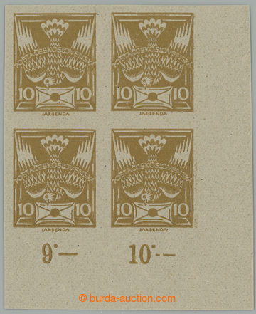 262398 -  PLATE PROOF  values 10h olive, LL corner blk-of-4 with cont