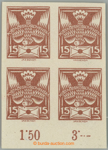 262399 -  PLATE PROOF  values 15h brown, block of four with lower mar