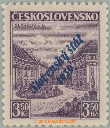 262743 - 1939 Sy.19b, Slavkov 3,50CZK, blue Opt with plate variety on