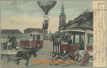 263241 - 1904 SLANÝ - v budoucnosti, koláž, balon, tramvaje, koňs