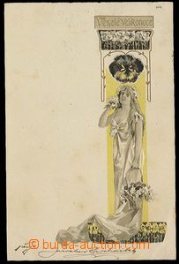 26745 - 1902 velikonoční barevná pohlednice, dívčí postava s k