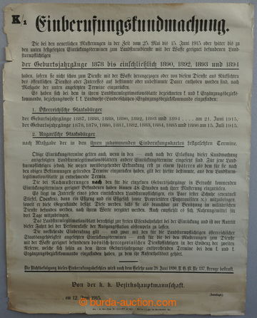 267825 - 1915 I. SVĚTOVÁ VÁLKA / vyhláška v němčině o povolá