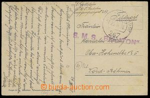 27028 - 1918 S.M.S. BALATON, violet straight line postmark + CDS Eta