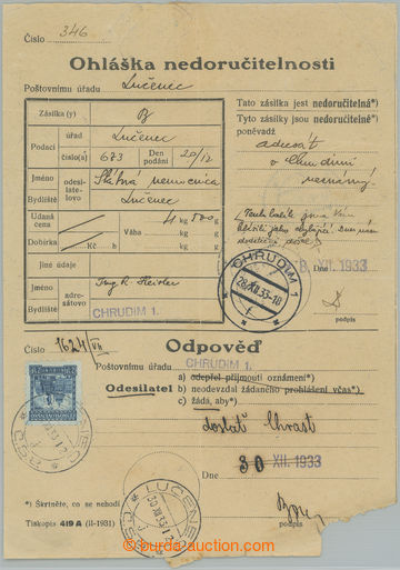 273599 - 1933 Tiskopis Ohláška nedoručitelnosti, tiráž 419A s po