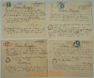273682 - 1874 RETOUR RECEPISSE / sestava 4ks formulářů, 3x vyfr. z