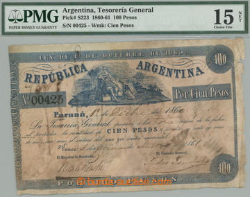 275338 - 1860-1861 ARGENTINA / Pi.S223, 100 Pesos 1861; skvrny, certi