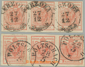 275545 - 1850 Ferch.3, 2x vodorovná 3-páska Znak 3Kr červená, 1x 