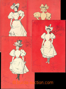 27599 - 1898 4ks červených pohlednic s kreslenými dívkami, každ