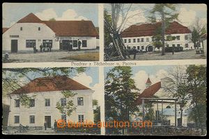 29537 - 1915 TĚCHOBUZ - color 4-view, i.a. pub, school, church, Us 