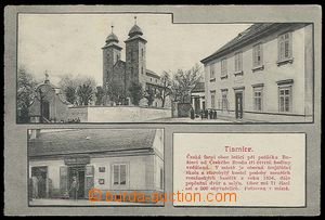 29597 - 1916 TISMICE - čb 2-záběrová, škola a kostel, obchod, 