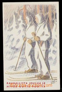 29909 - 1940? Finsko  vojáci v zimním maskování na lyžích s te