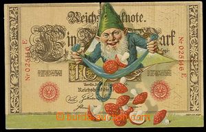 29922 - 1910 gnome with muchomůrkami with bankovkou, color naivní 