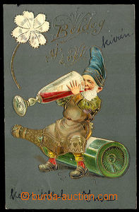 29923 - 1905 Gnome with wine and four-leaf clover, embossed, gilt, H