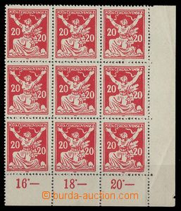 29957 - 1920 Pof.151, 20h red in/at corner blk-of-9 from worn folder