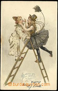 31323 - 1905 Kominíček - dívka a pierot na žebříku, lito tlač