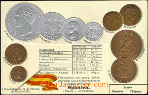 33892 - 1900 coins on postcards, Spain, embossed lithography, Un, ni