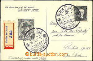 34146 - 1937 Smuteční TGM  pohlednice zaslaná jako R, vyfr. zn. P
